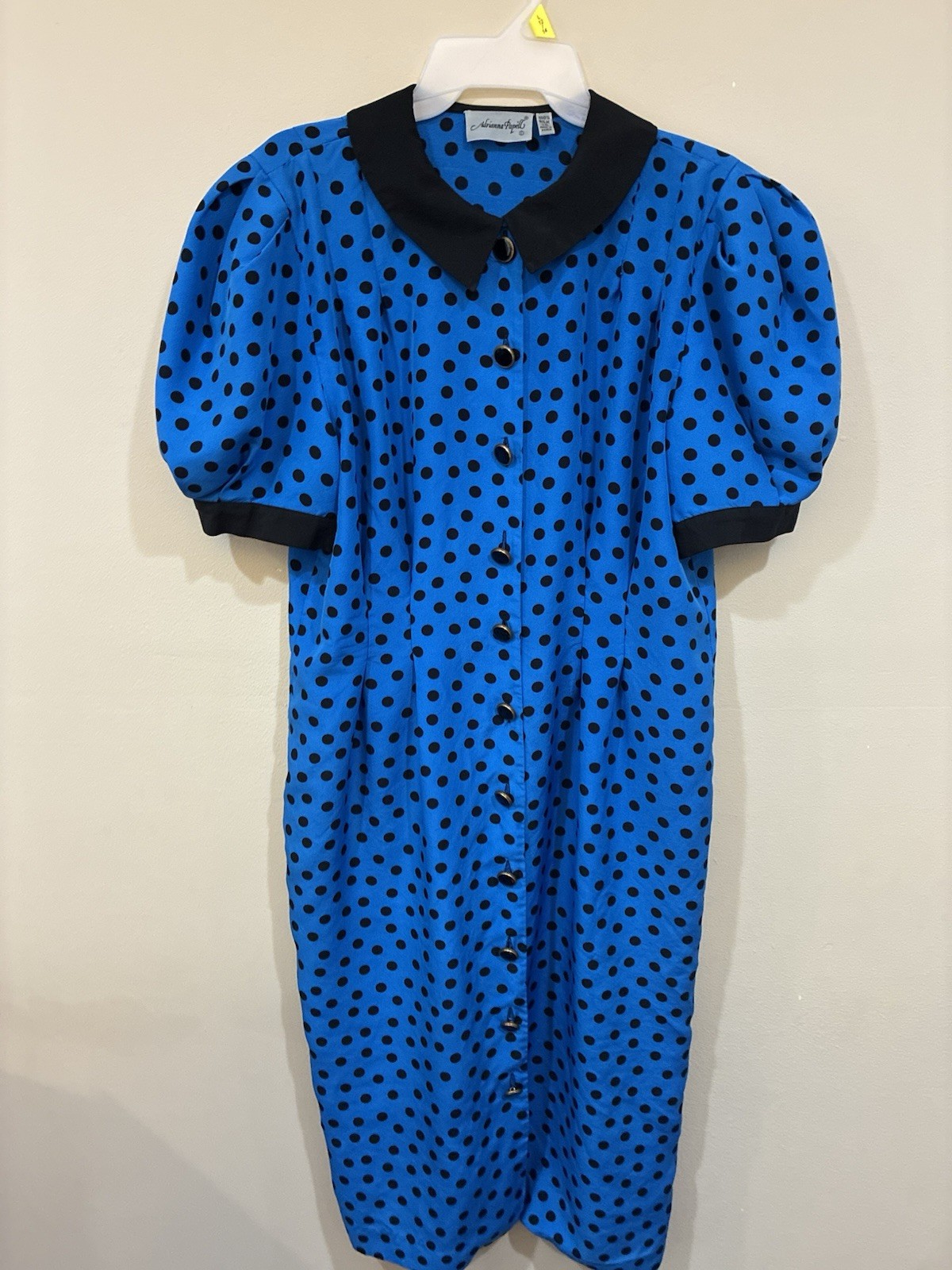 Vintage 100% Silk Blue Black Polka Dot Button Down Dress With Puff Sleeve Vintage 100% Silk Blue Black Polka Dot Button Down Dress With Puff Sleeve