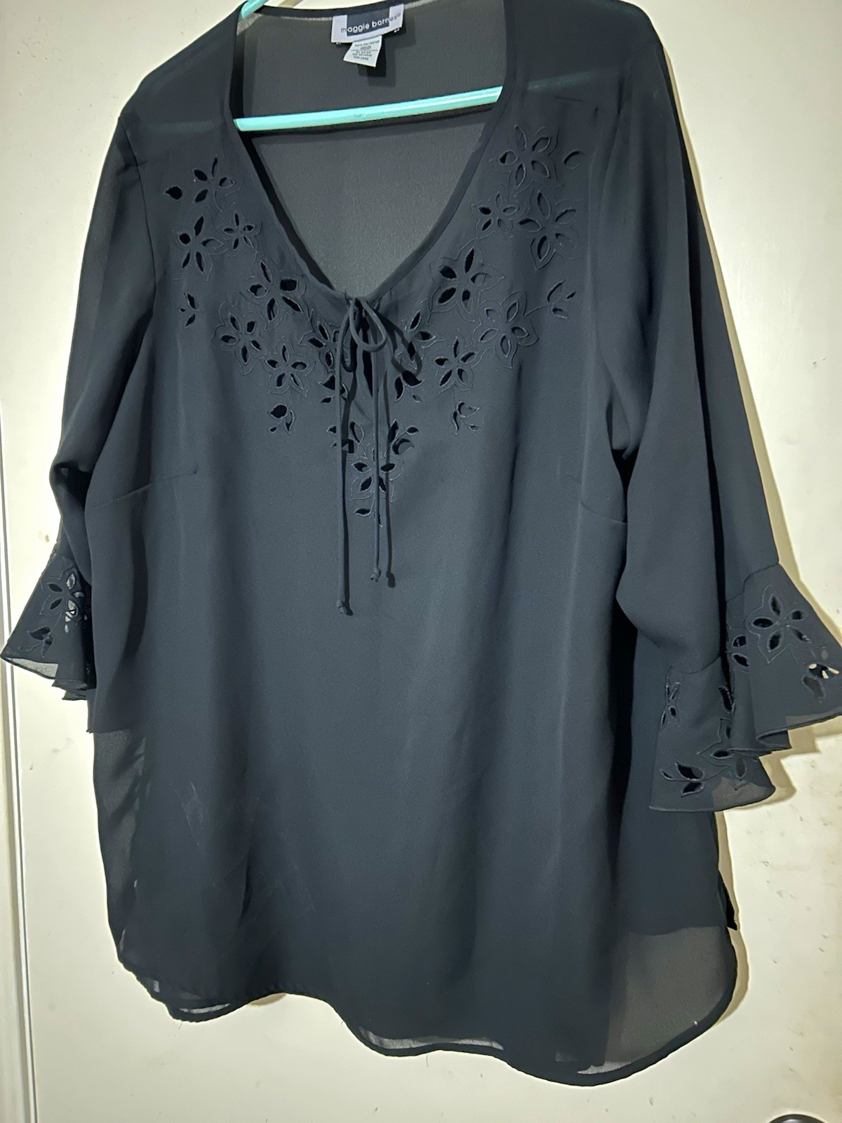 Maggie Barnes Women\'s Blouse Black Chiffon Sheer V-Neck Tie, Cut-Out 22W Maggie Barnes Women\'s Blouse Black Chiffon Sheer V-Neck Tie, Cut-Out 22W