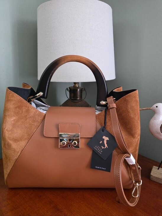 Claudia Firenze Isadora Satchel Tan Calf Leather Suede Wood Handle Bag Italy NWT Claudia Firenze Isadora Satchel Tan Calf Leather Suede Wood Handle Bag Italy NWT