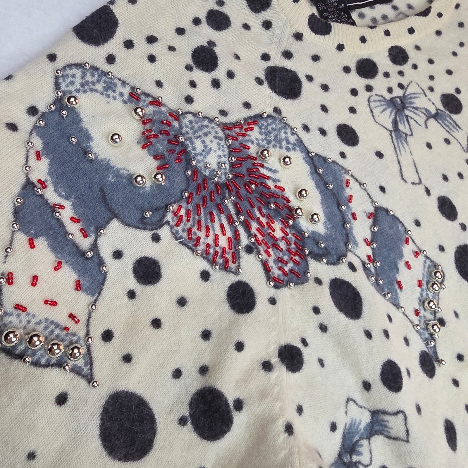 VTG 80s 90s Della-Knit Angora Lambswool Beaded Bow Polka Dot Sweater - L
