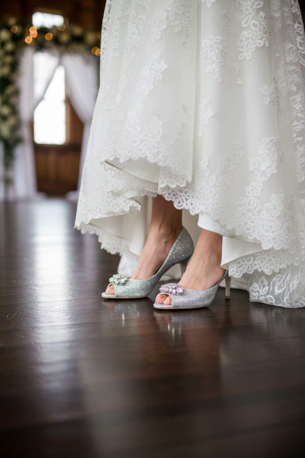 Jewel Badgley Mischka Crystal Bridal Heels– Silver Glitter Open Toe Wedding Shoe