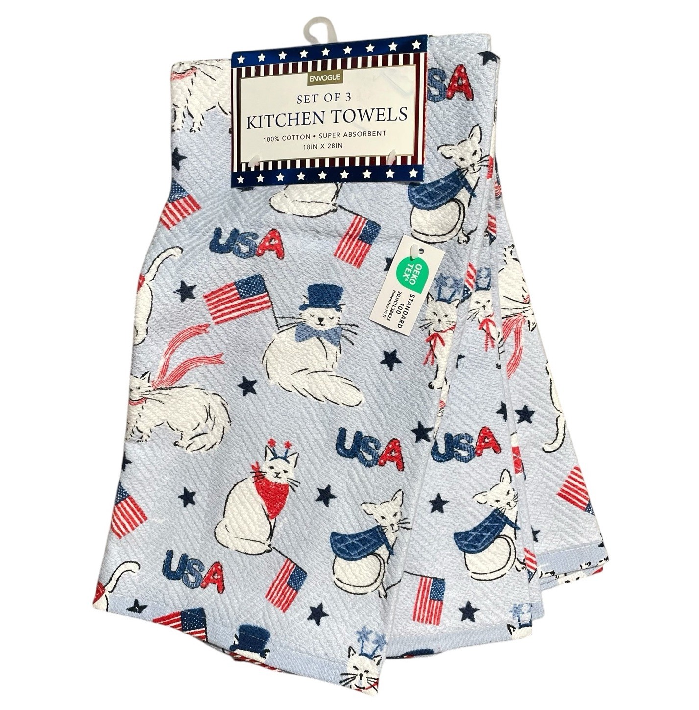 NEW Envogue Kitchen Towels S/3 Blue Patriotic Kitty Cats 4th of July Celebration