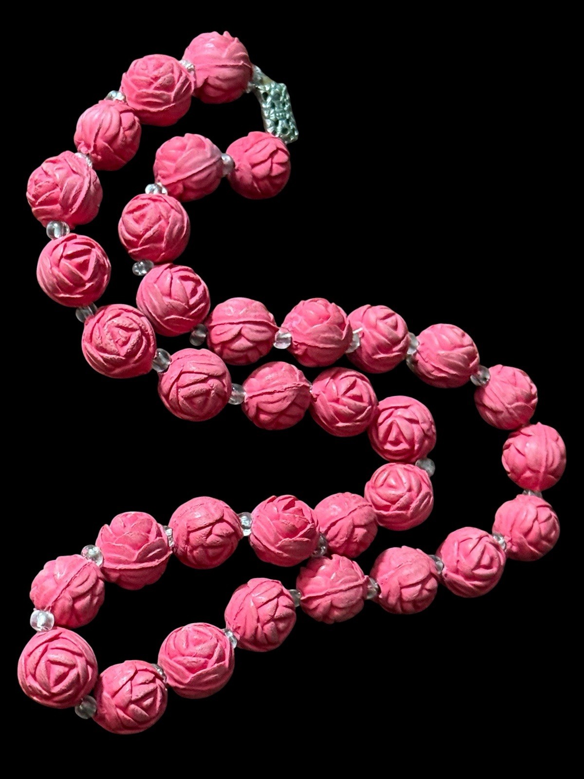 Vintage Chinese Carved Rose Bead Faux Cinnabar Necklace 
