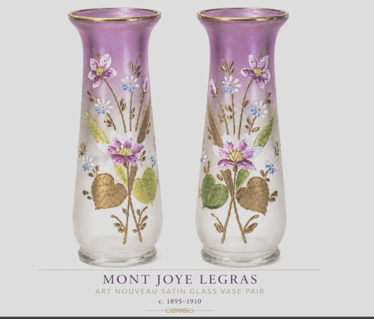 PaIr Antique French Mont Joya Legras Art Nouveau Satin Glass Floral Enamel Vases
