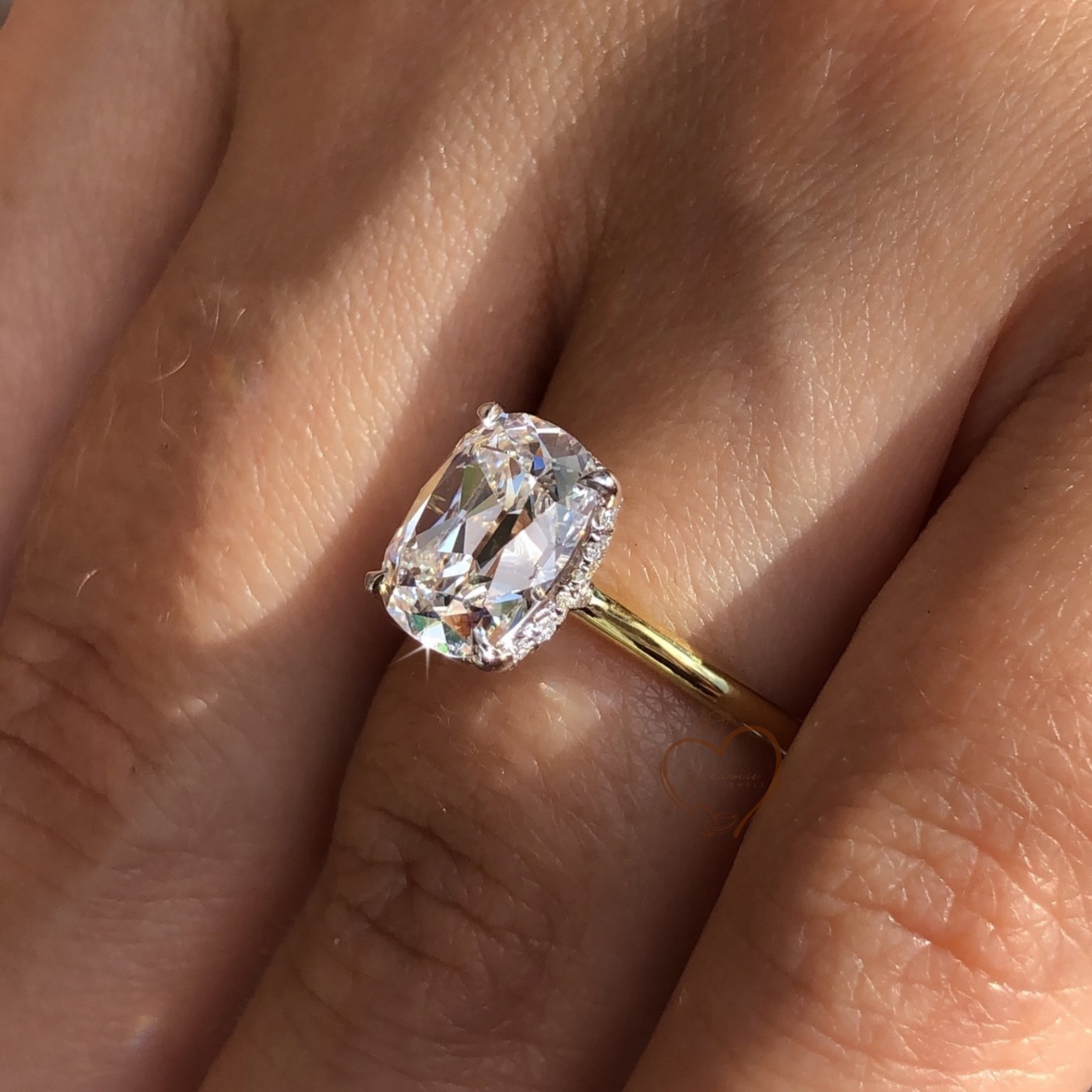 3CT Old Mine Elongated Cushion Cut Moissanite Hidden Halo 14K Yellow Gold Plated
