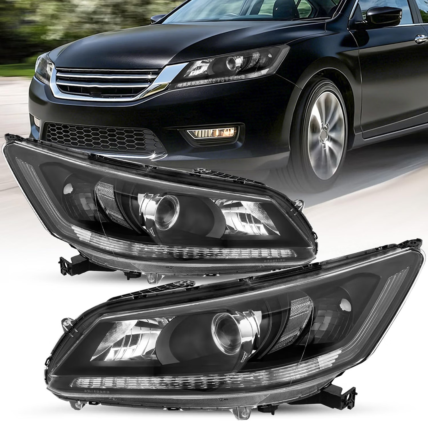 Headlights for 2013-2015 Honda Accord 4-Door Black Clear Pair Halogen W/o LED DR Headlights for 2013-2015 Honda Accord 4-Door Black Clear Pair Halogen W/o LED DR