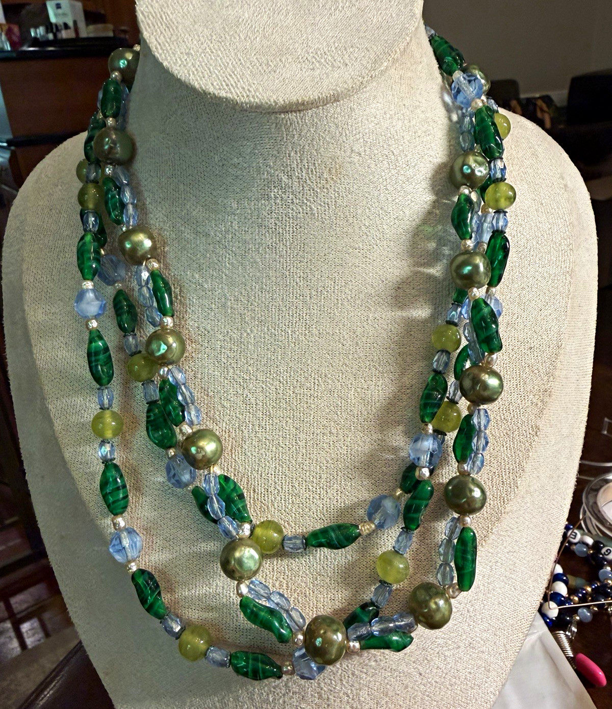 Vintage Hattie Carnegie Signed 3 Strand Green Blue Art Glass Bead Necklace Faux