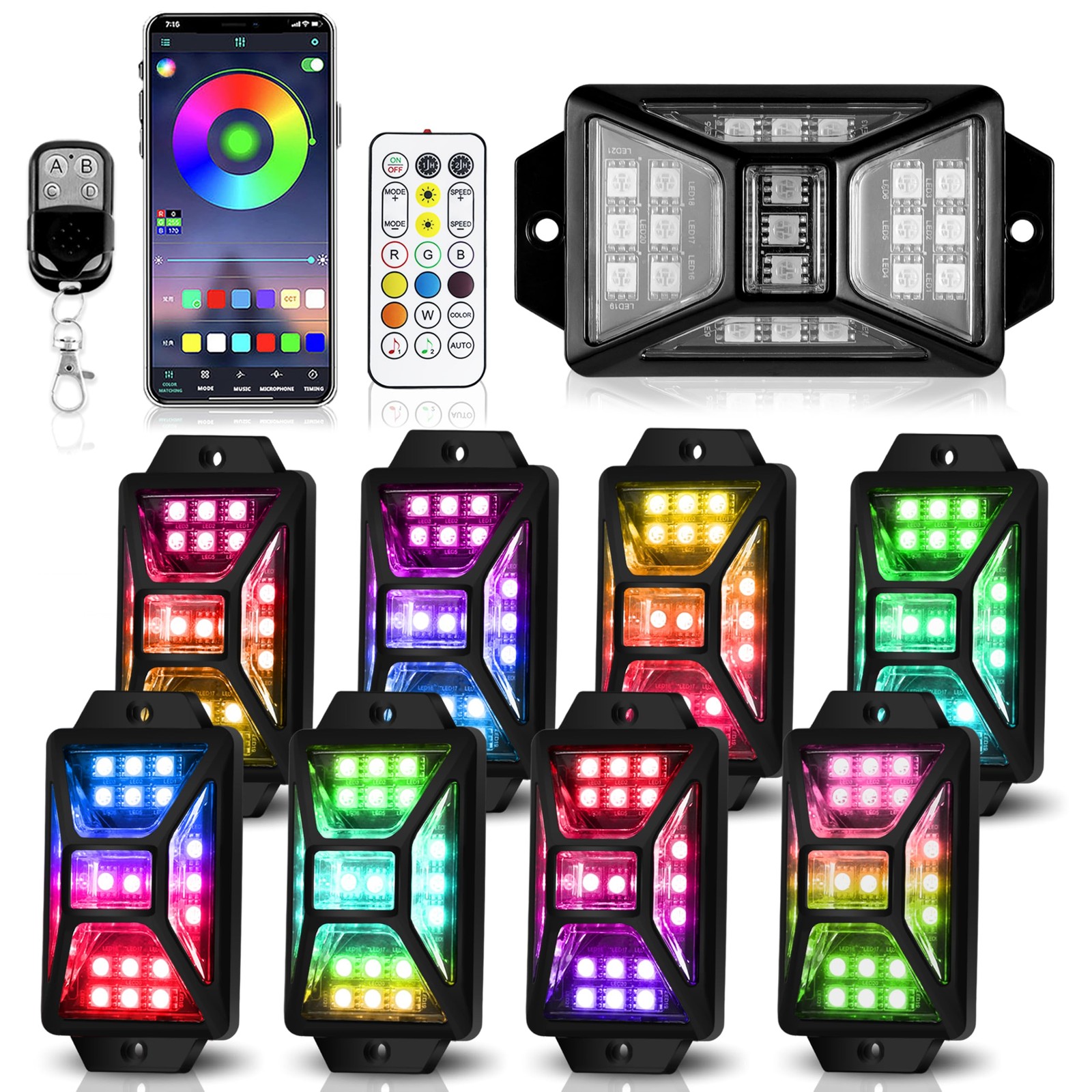 8 Pods Full Angle RGB Rock Lights Compatible with 12V Trucks Jeep UTV SUV ATV...