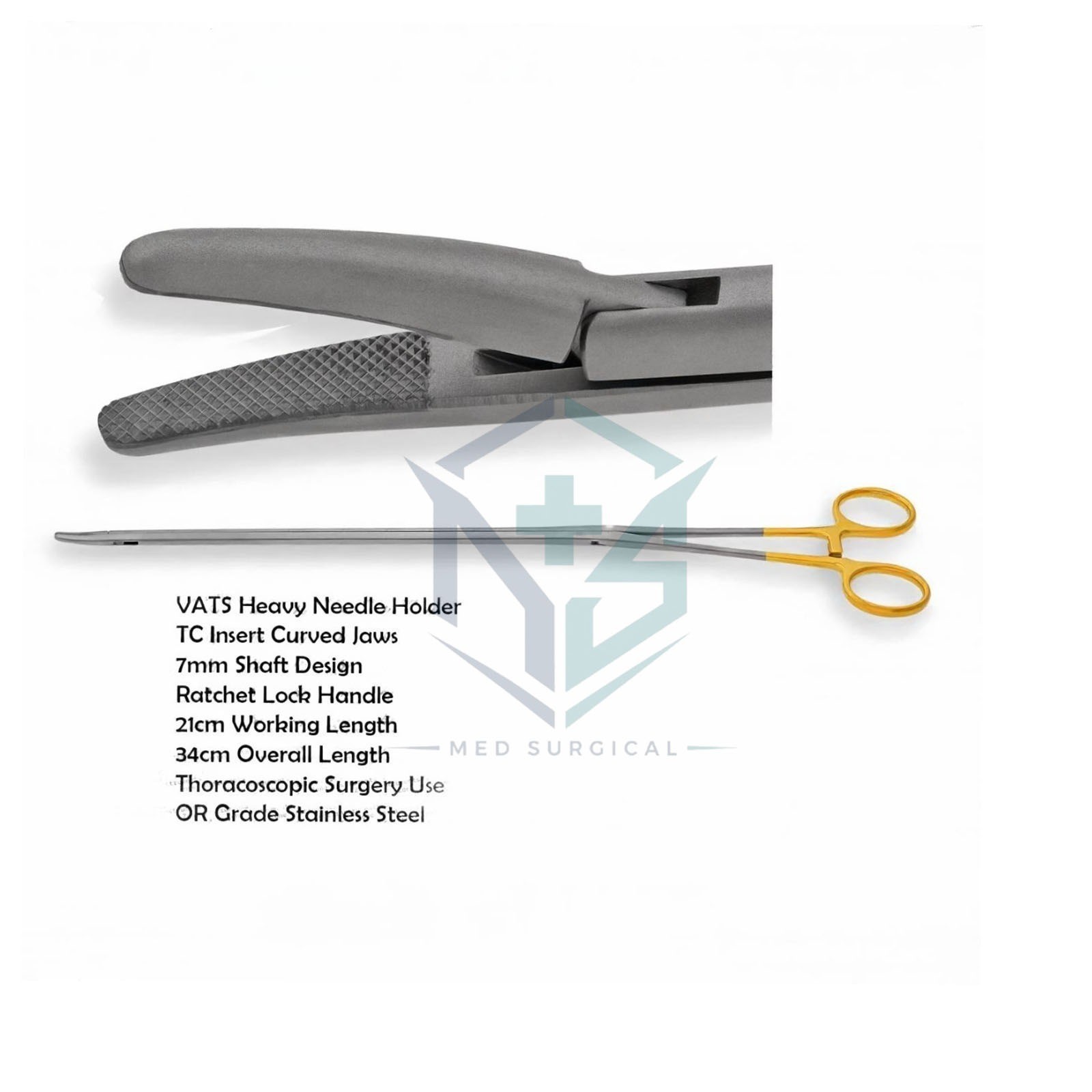 VATS Heavy Needle Holder TC Inserts Curved Jaws Ratchet 34cm Thoracoscopic Tools