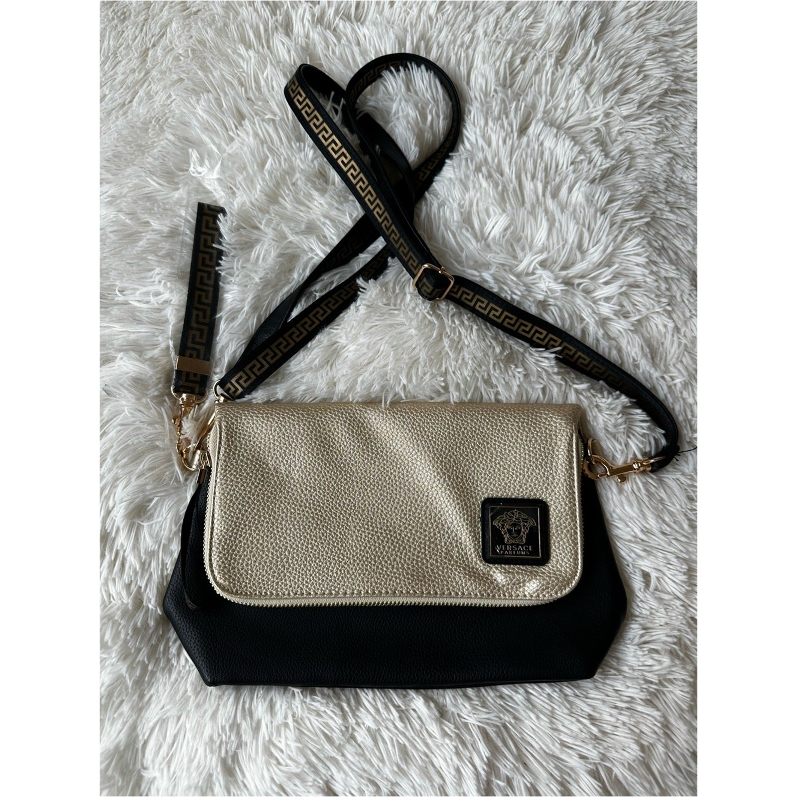 VERSACE PARFUMS Black Metallic Gold Medusa Crossbody Shoulder Bag NWOT