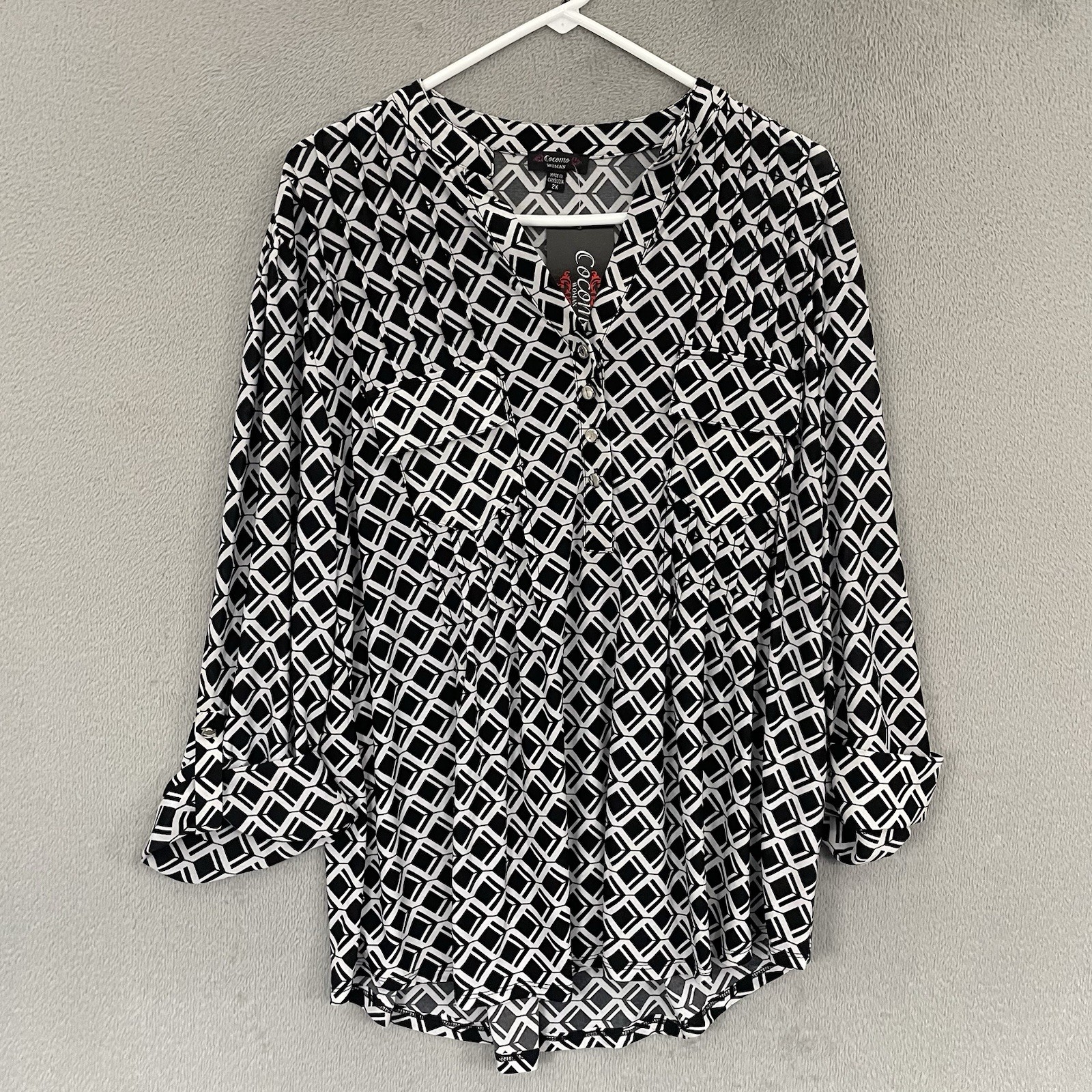 Cocomo Top Womens 2X Black Geometric 3/4 Sleeve Blouse Liquid Knit Stretchy New