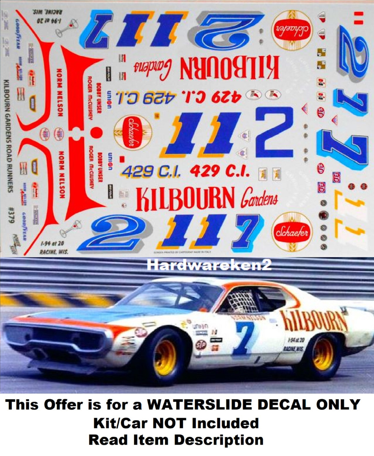 NASCAR DECAL # 7 KILBOURN GARDENS 1973 PLYMOUTH NORM NELSON 1/25 POWERSLIDE
