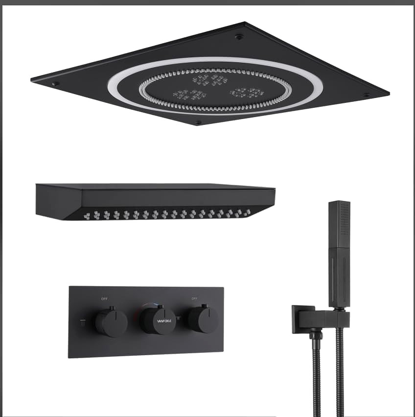 Shower Faucet System 19” LED Ceiling Rainfall Shower Head 14” Shoulder Massager