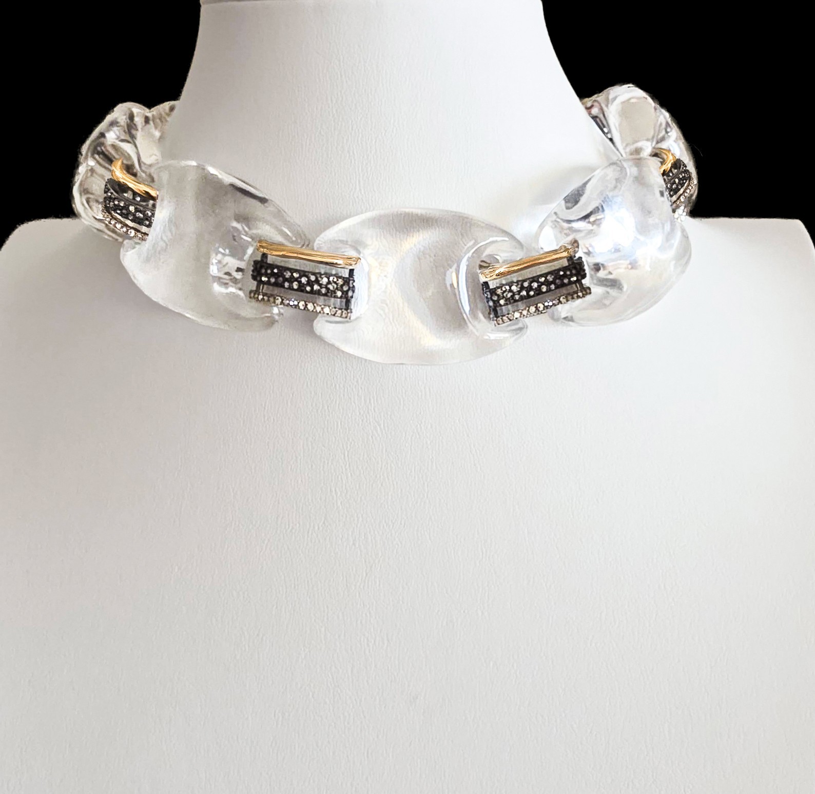 Alexis Bittar Clear Lucite Collar Necklace w/ Crystal Encrusted Gold Tone Links
