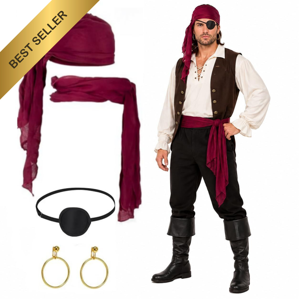 RAINFLOW Halloween Pirate Costume Accessories Set Red Bandana Waist Sash Belt