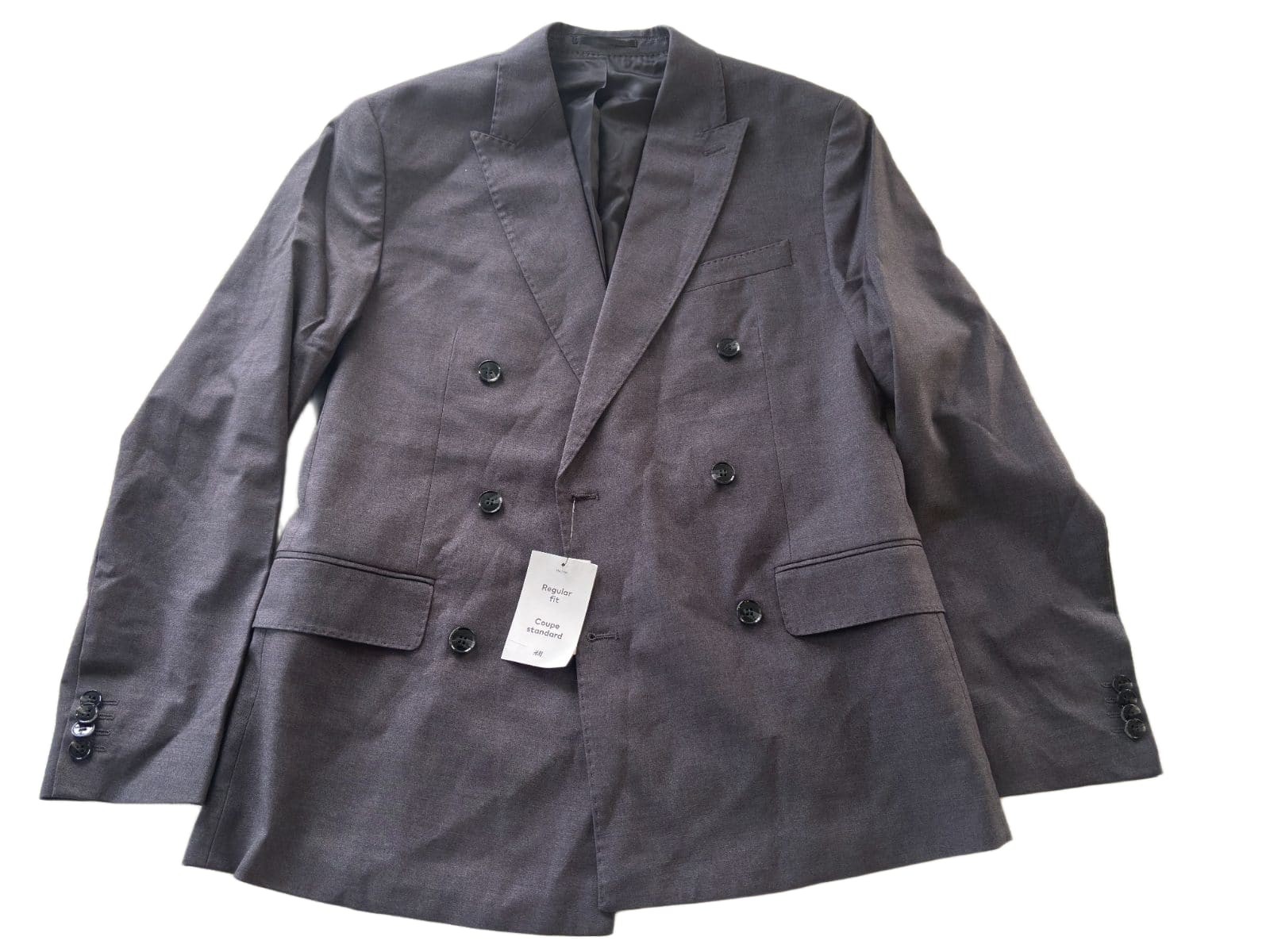 H&M Men\'s 38R Double Breasted Blazer Gray Regular Fit Peak Lapel Suit Jacket NWT H&M Men\'s 38R Double Breasted Blazer Gray Regular Fit Peak Lapel Suit Jacket NWT