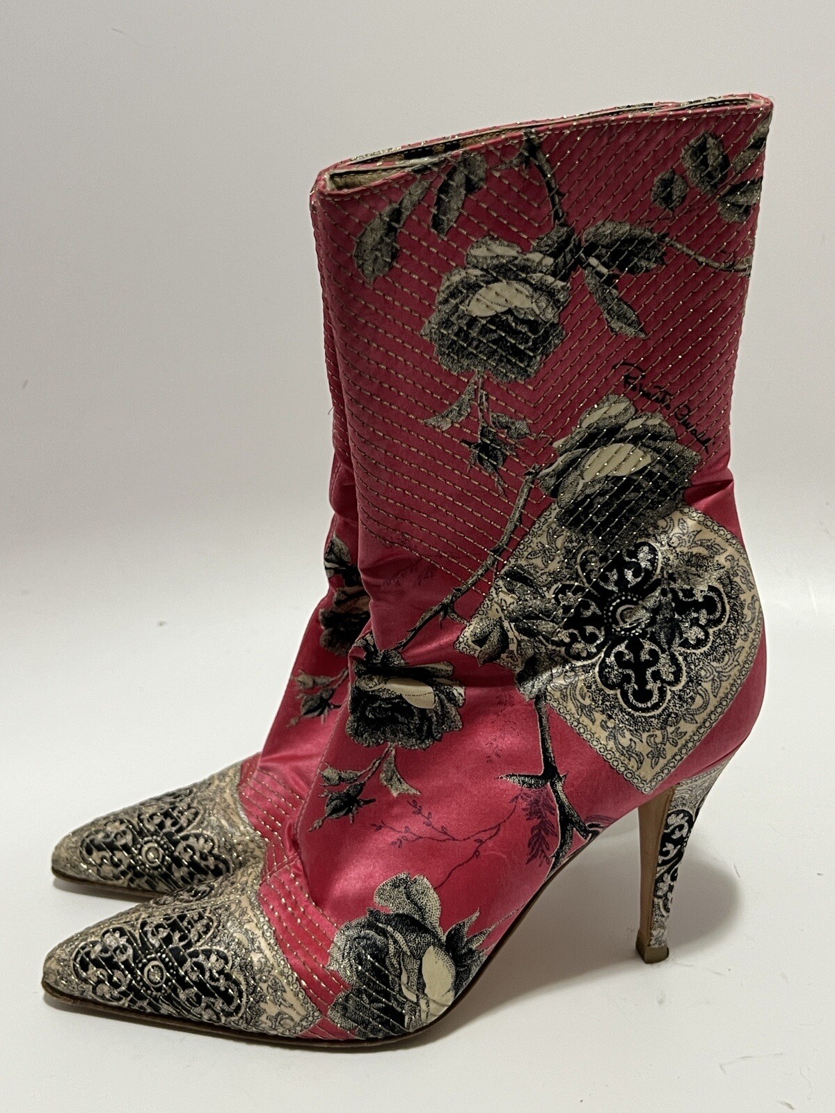 Vtg ROBERTO CAVALLI PINK SATIN ANKLE BOOTS 37