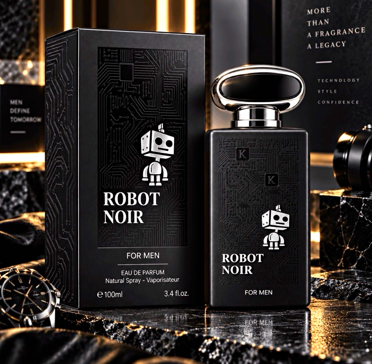FC Robot Noir For Men Eau de Parfum Spray, 3.4 fl oz Regular Size