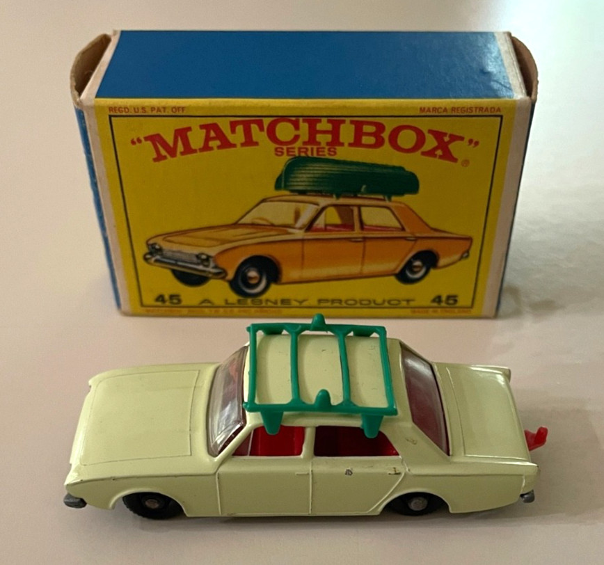 Lesney MATCHBOX No. 45 FORD CORSAIR w/Rack and Original Box- Boat Left at Lake Lesney MATCHBOX No. 45 FORD CORSAIR w/Rack and Original Box- Boat Left at Lake
