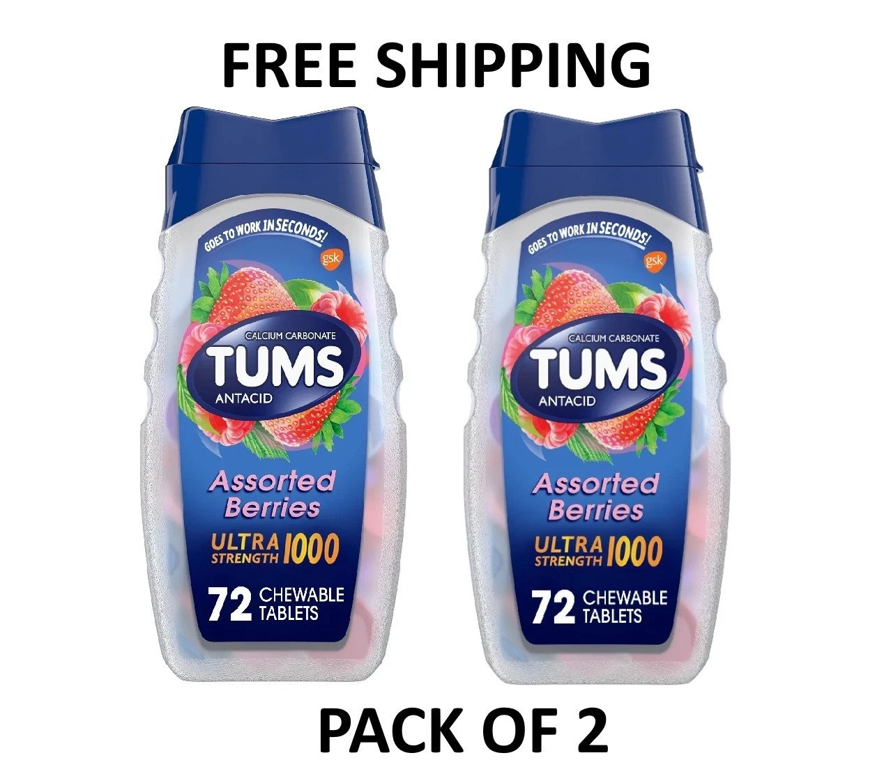Tums Ultra Strength 1000 Assorted Berries Antacid Tablets, 72 Ct Each Pack of 2 Tums Ultra Strength 1000 Assorted Berries Antacid Tablets, 72 Ct Each Pack of 2