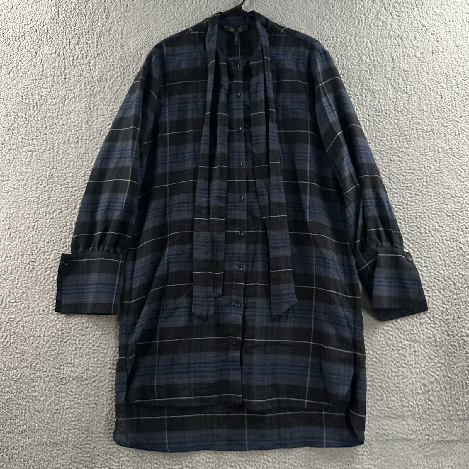 Bcbgmaxazria Womens Dress Blue Black Medium Tunic Tie Neck Plaid Polyester Blend Bcbgmaxazria Womens Dress Blue Black Medium Tunic Tie Neck Plaid Polyester Blend