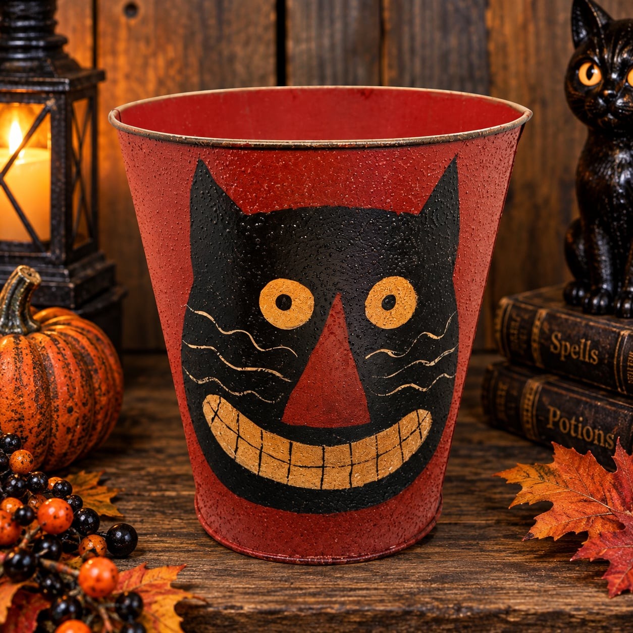 Primitive Metal Halloween Black Cat Hand Painted Container Bucket 7.25” Folk Vtg Primitive Metal Halloween Black Cat Hand Painted Container Bucket 7.25” Folk Vtg