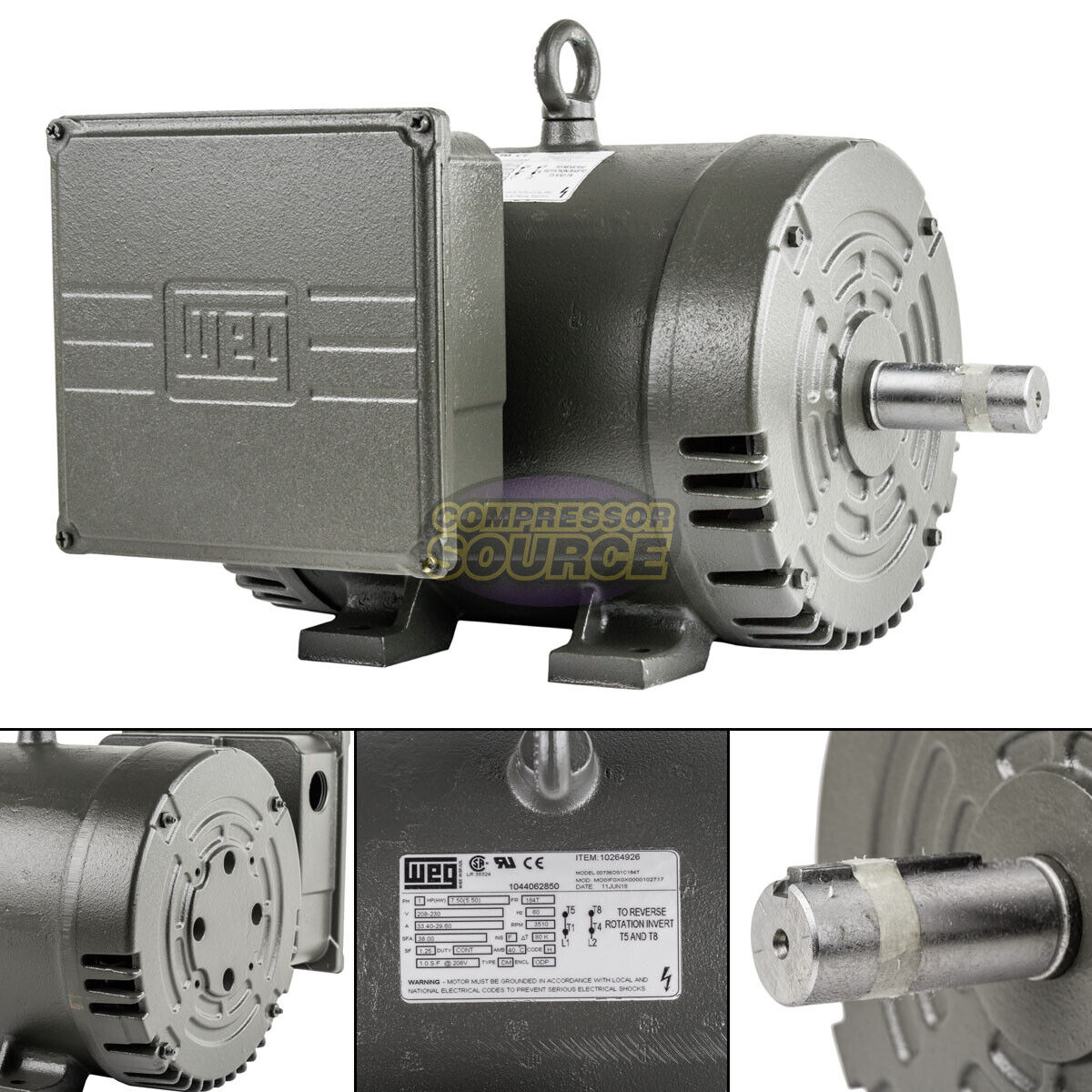 7.5 HP Replacement Motor 1 Phase 3450 RPM 184T For Ingersoll Rand Compressor
