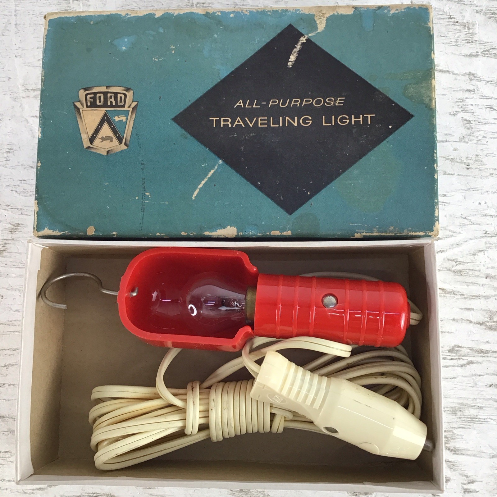 VINTAGE RARE 1950\'s FORD - FORD ALL-PURPOSE TRAVEL LIGHT - RED WITH WHITE CORD VINTAGE RARE 1950\'s FORD - FORD ALL-PURPOSE TRAVEL LIGHT - RED WITH WHITE CORD