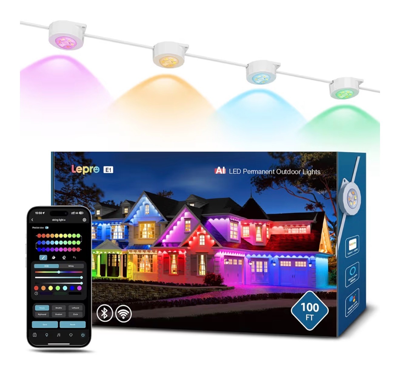 Lepro E1 100FT AI Permanent Outdoor Lights APP Control, 100ft 60 LED RGBCW+IC