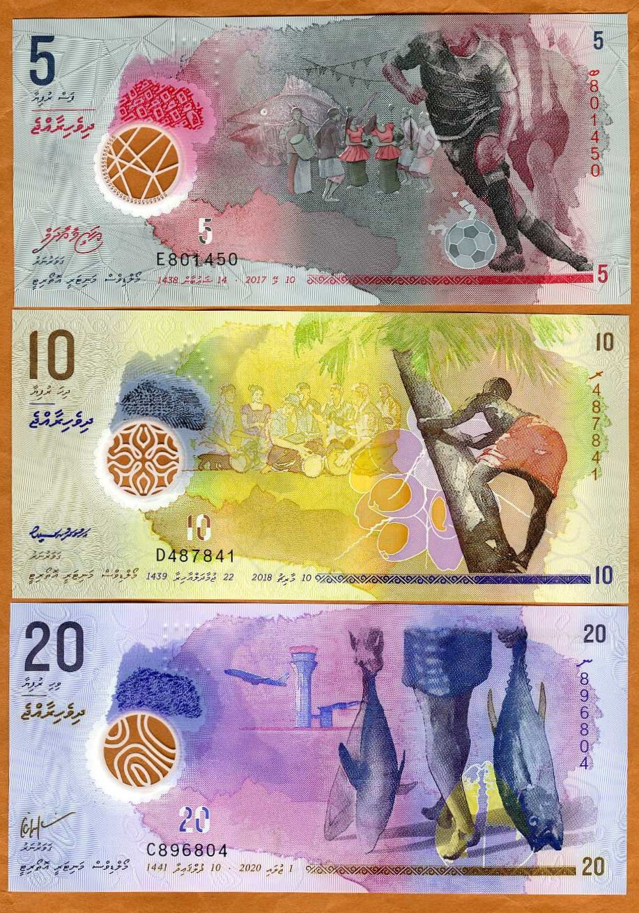 SET Maldives, 5-10-20 Rufiyaa, 2017-2020, P-A26-26-27 Polymer UNC SET Maldives, 5-10-20 Rufiyaa, 2017-2020, P-A26-26-27 Polymer UNC