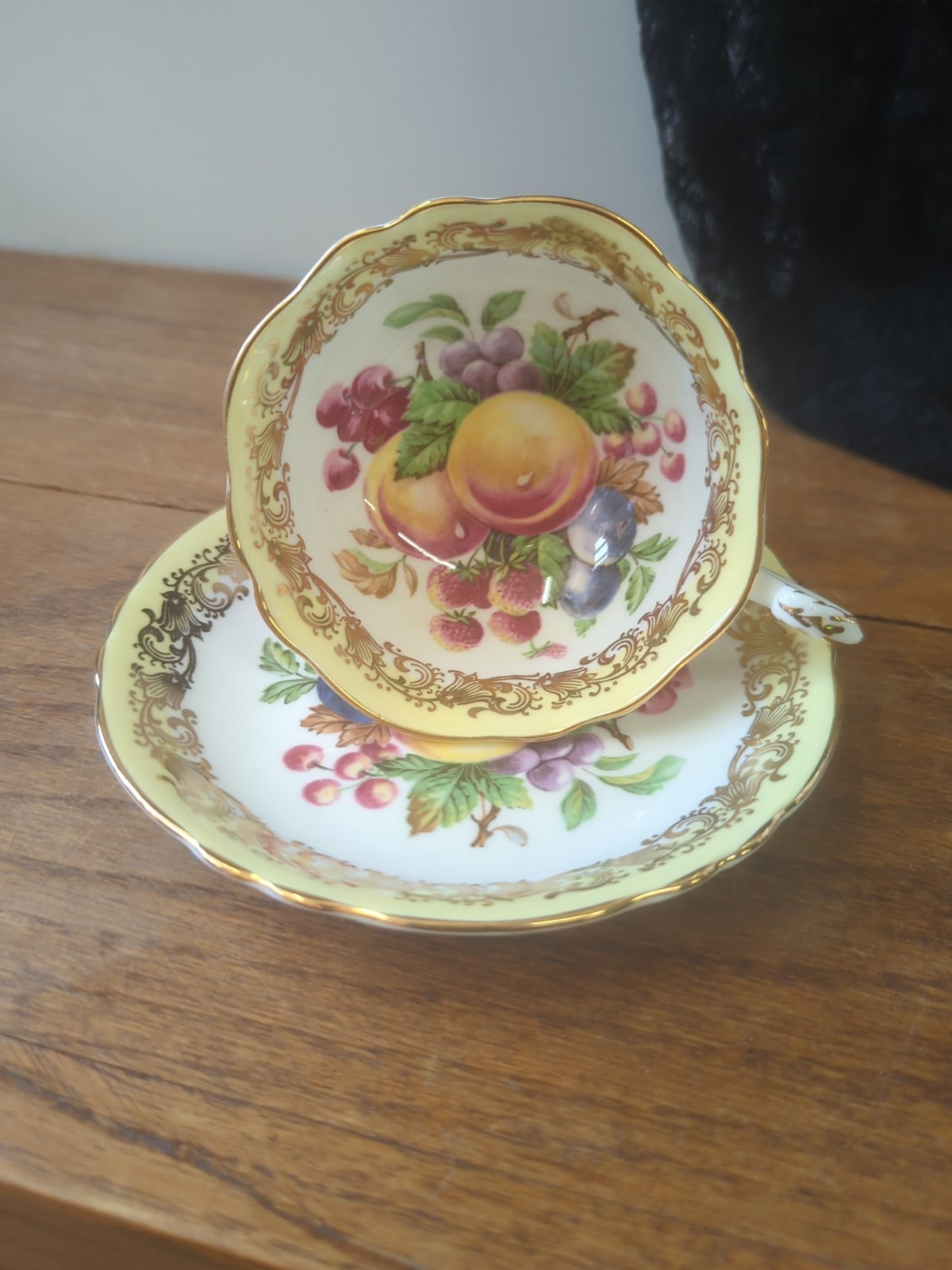 vintage paragon tea cup and saucer Orchard Fruit Heavy Gold Gilt Yellow Berries