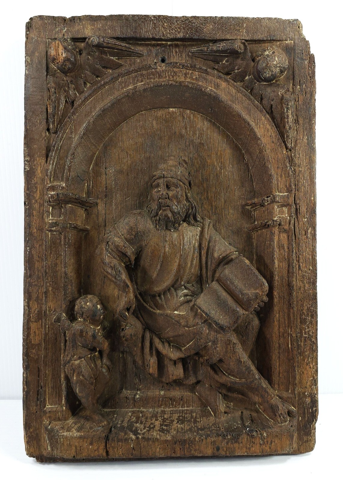 Early 18th c. or Earlier Architectural Hand Carved Bas Relief Religious Plaque