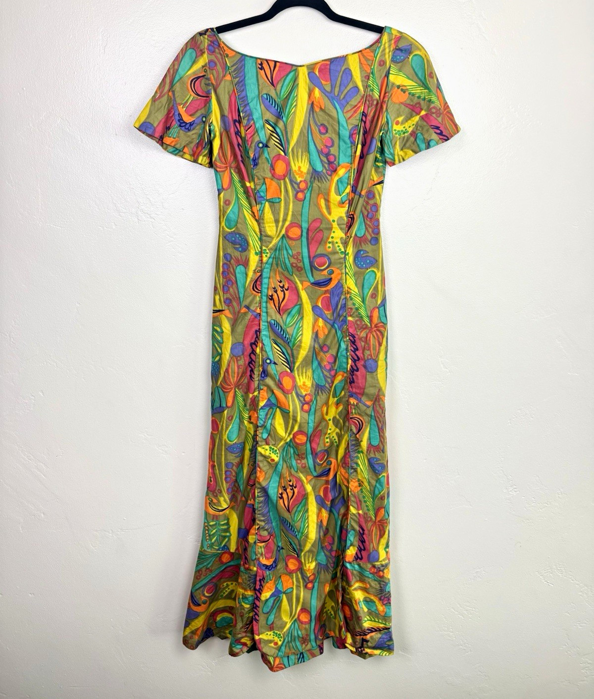 Vintage 60s Sun Fashions Hawaii Psychedelic Tropical Maxi Dress XS Hawaiian