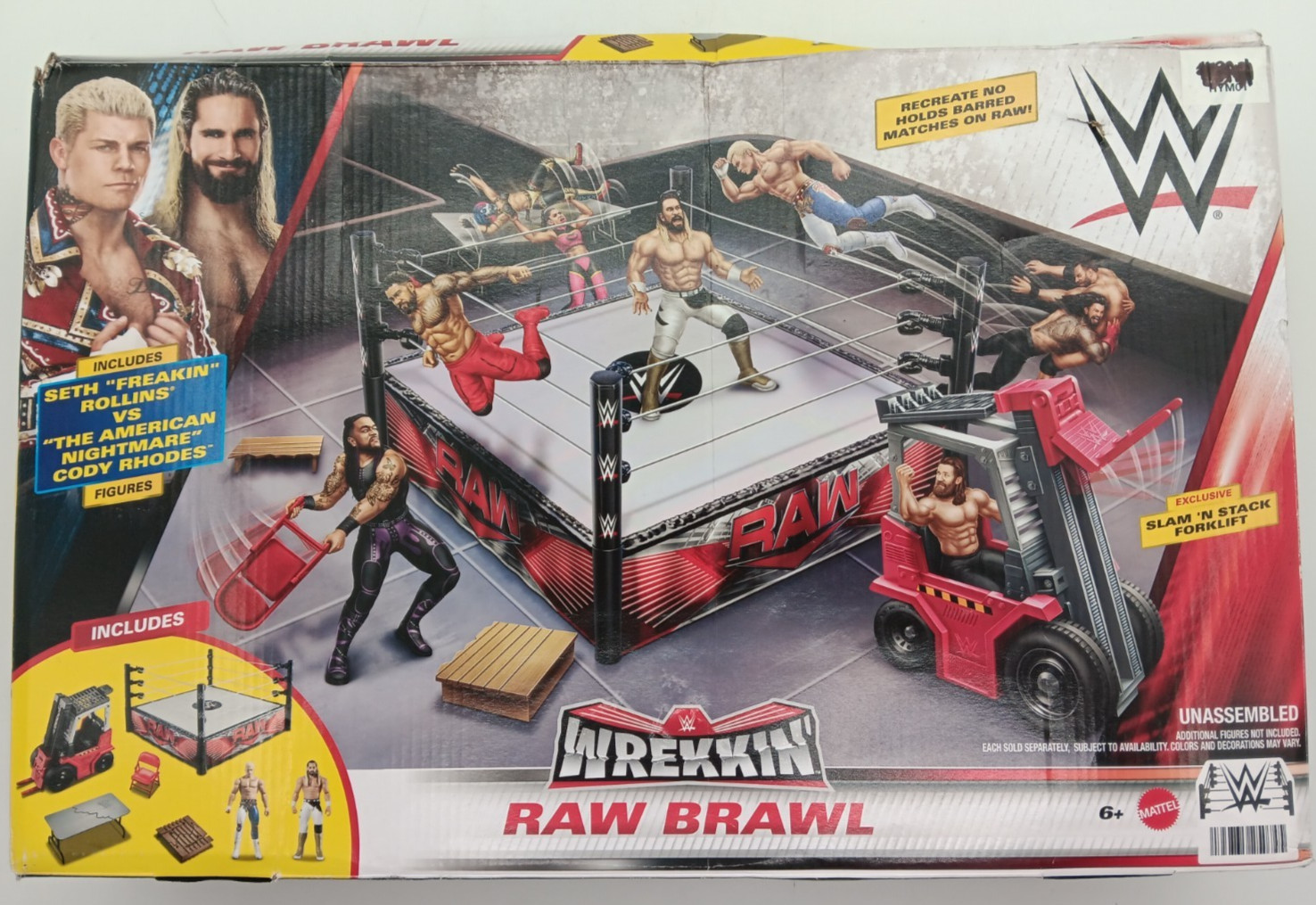 WWE Wrekkin Raw Brawl Ring Cody Rhodes Seth Rollins With Forklift 2 Figures