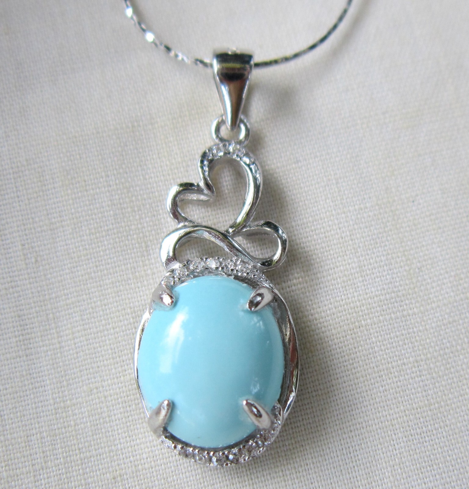 GENUINE 13x10mmSLEEPING BEAUTY TURQUOISE/LC DIAMOND 925 STERLING SILVER NECKLACE