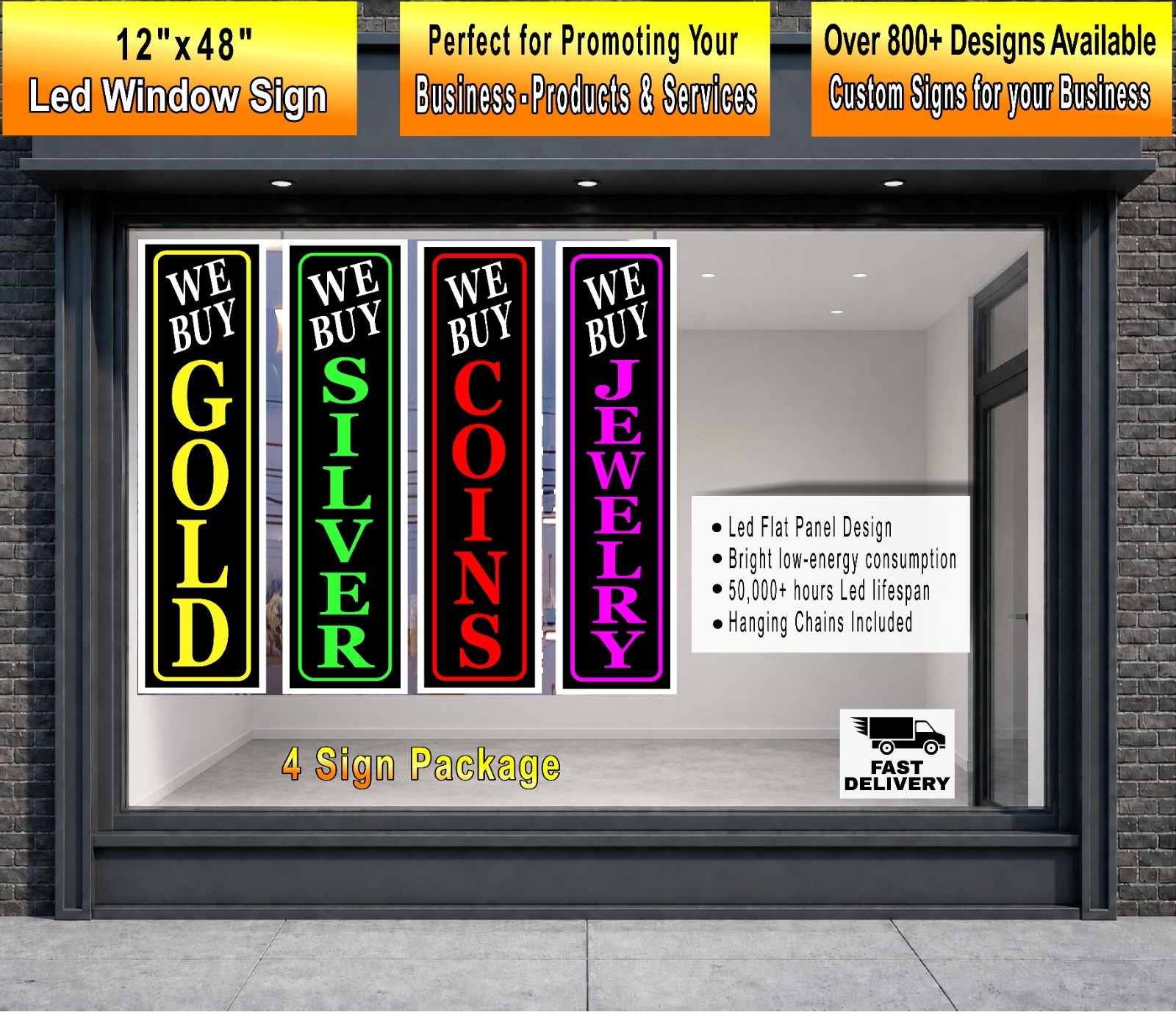 We Buy Gold Silver Coins Jewelry Led light box window signs 4 sign Package