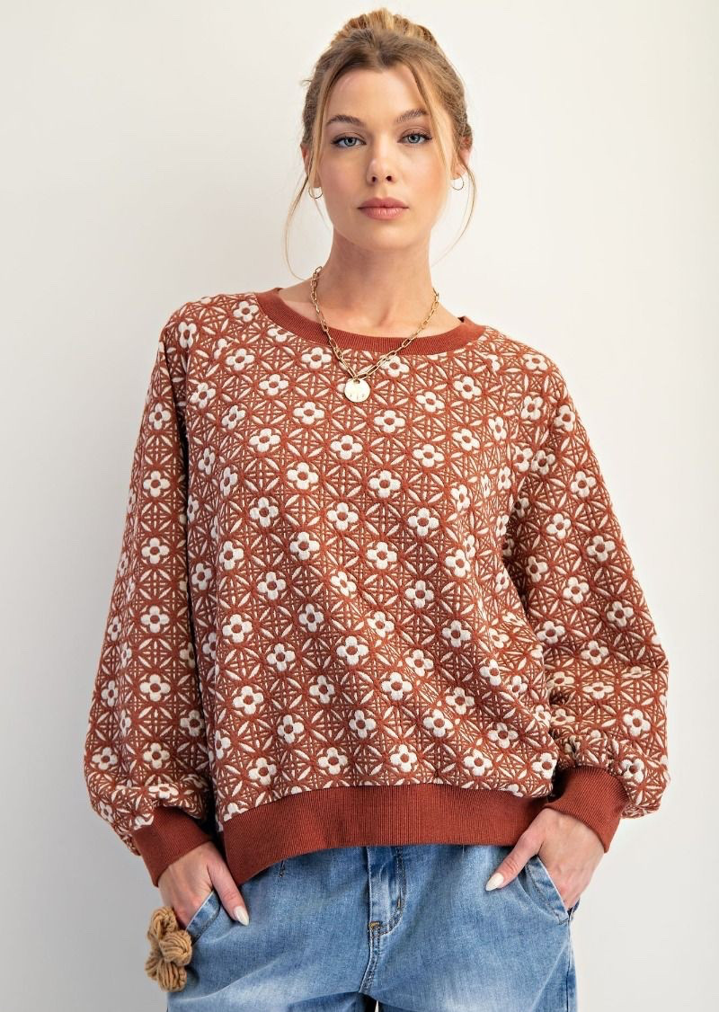 Easel Women’s Floral Jacquard Knit Long Sleeve Top Easel Women’s Floral Jacquard Knit Long Sleeve Top