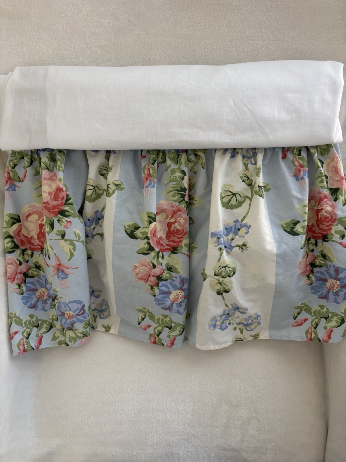 VTG Laura Ashley Country Roses Full Double Bed Skirt Dust Ruffle 14” Blue Stripe