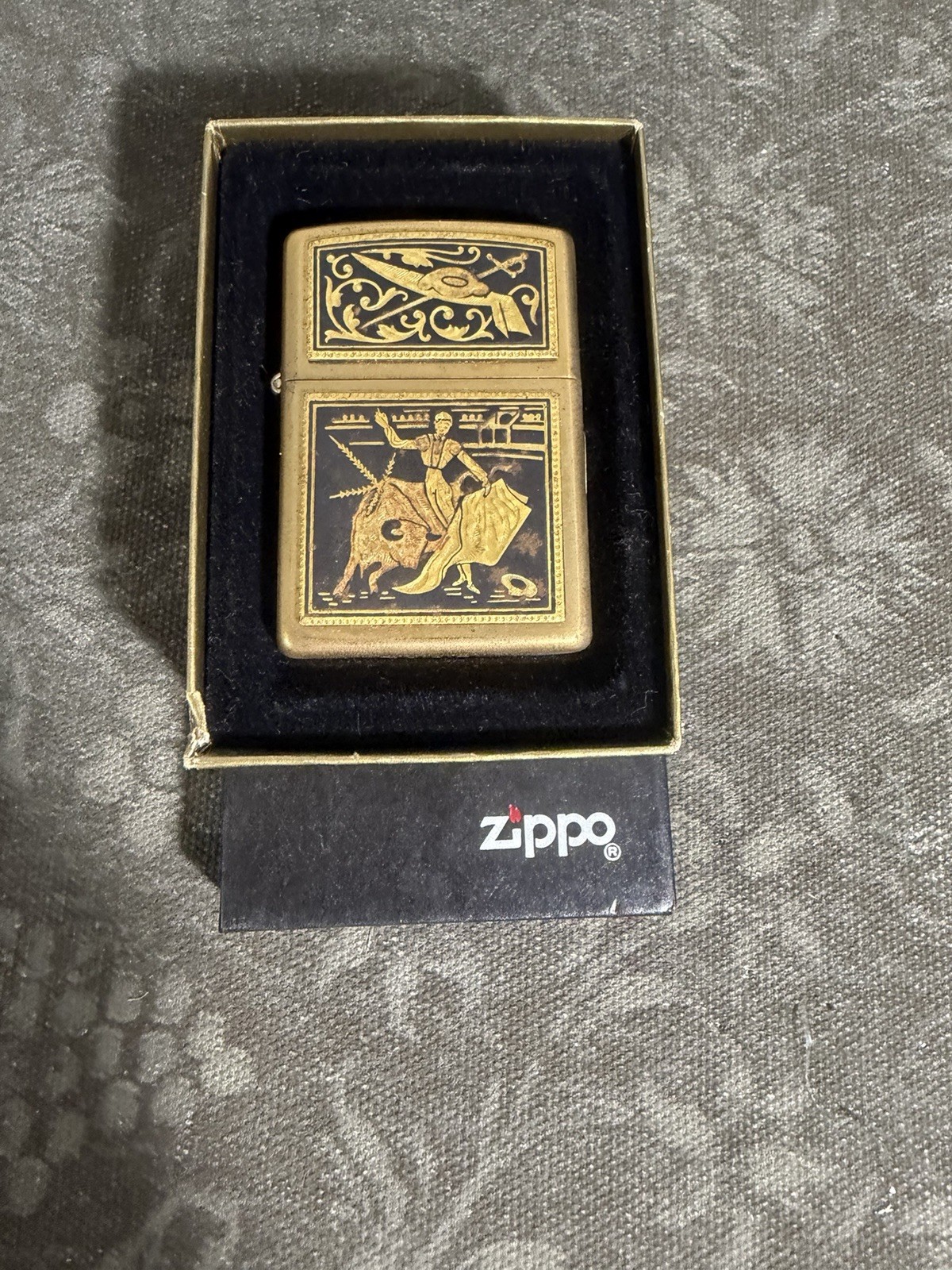 Vintage 1993 Zippo Toledo Matador Bullfight Lighter Gold & Black w/ Box (New)