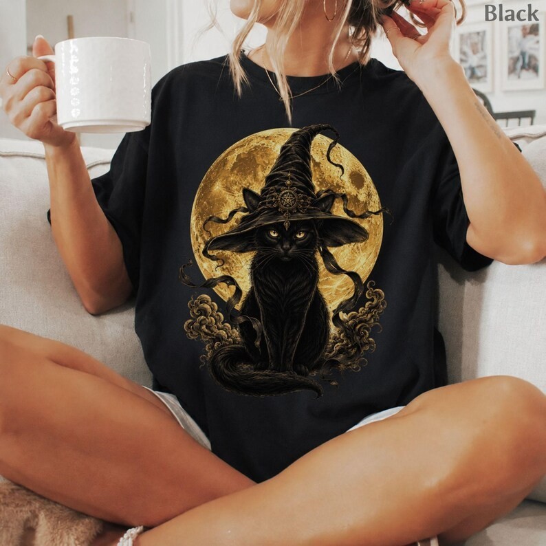 Vintage Black Cat Moon Graphic T Shirt, Celestial Cat Lover Tee, Spooky Gothic Vintage Black Cat Moon Graphic T Shirt, Celestial Cat Lover Tee, Spooky Gothic