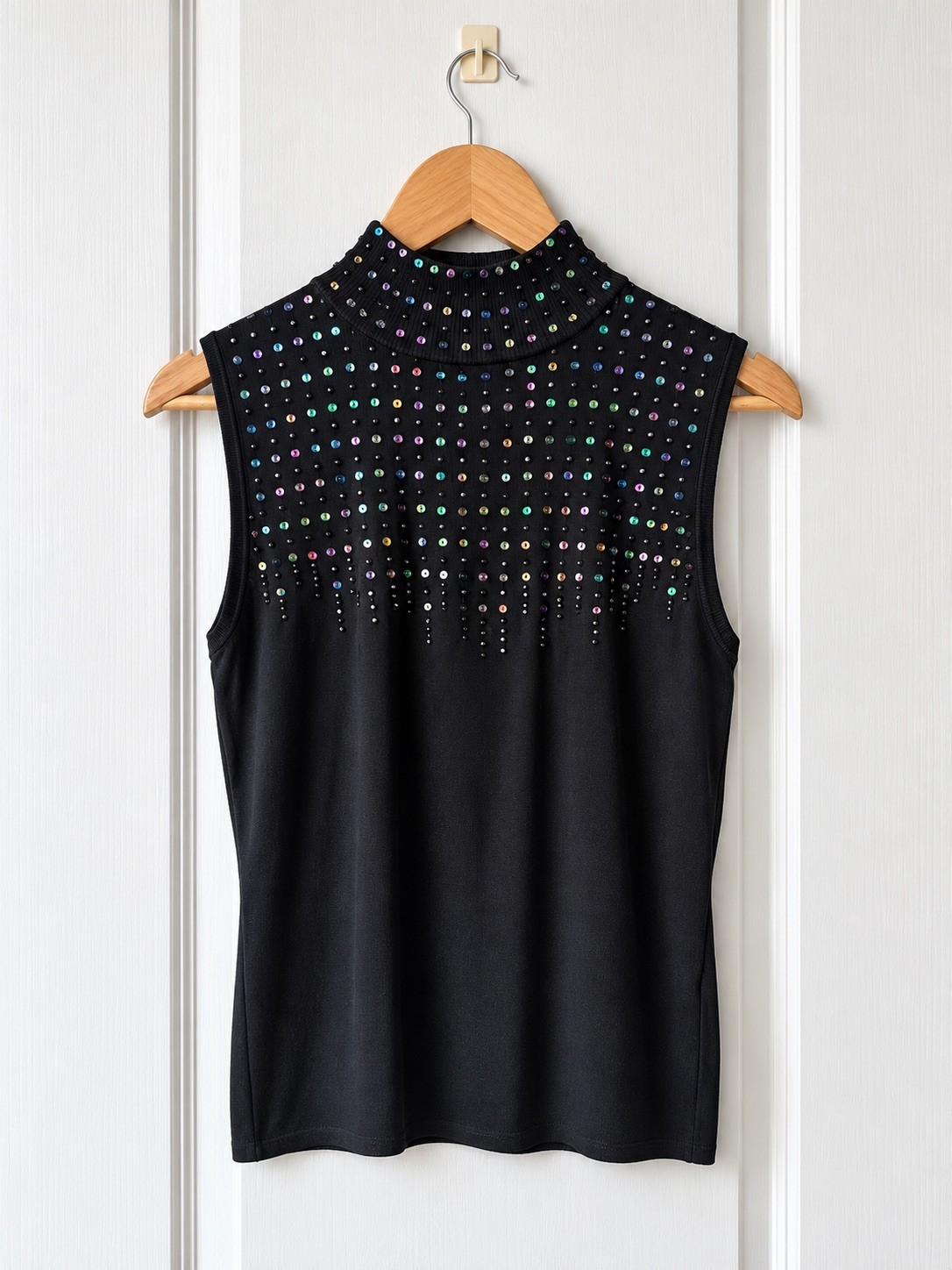 Vintage 1990s SKY Additions Black Sequin Mock Neck Sleeveless Top Women’s M NWOT