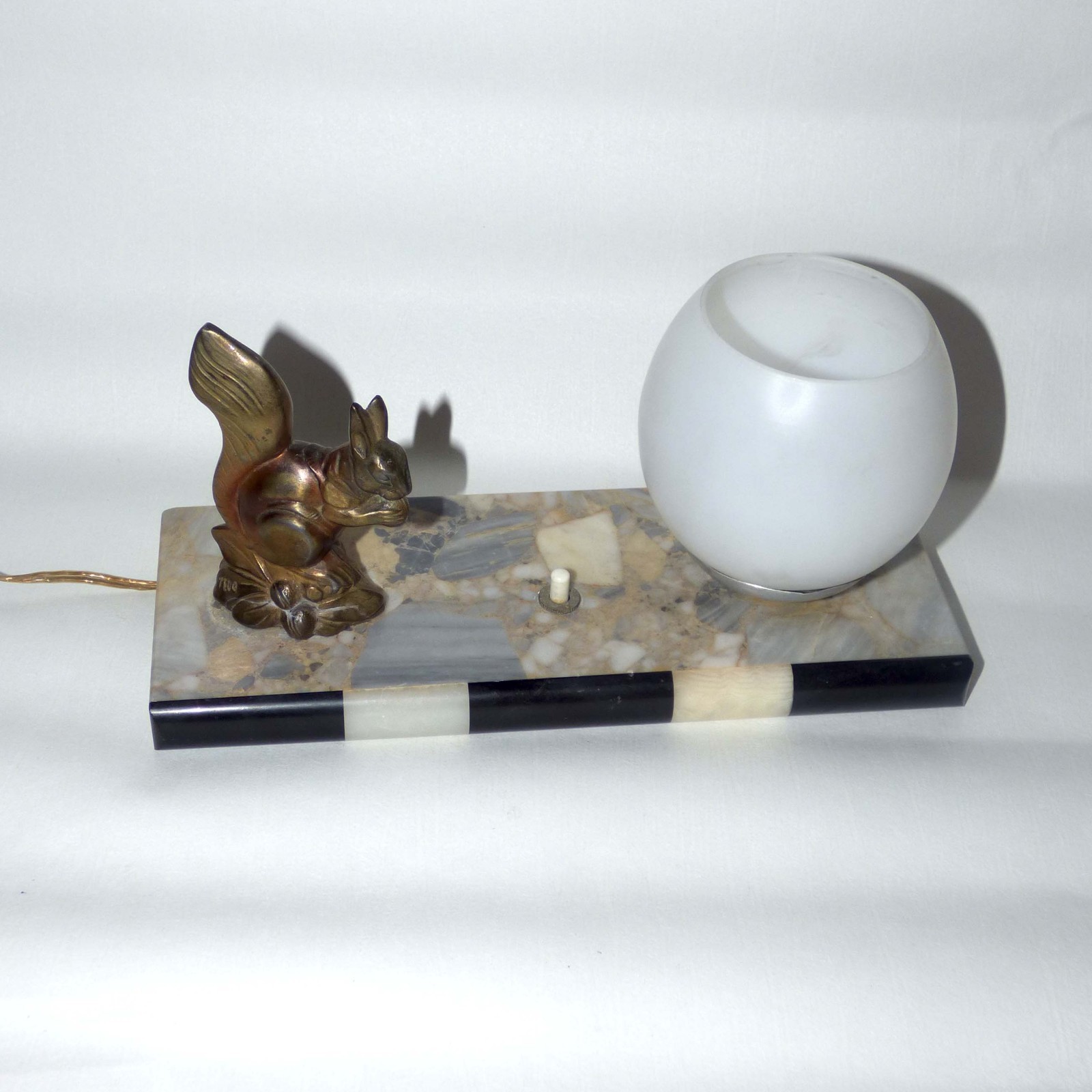 Signed TEDO French Art Deco Squirrel Lamp Marble Base Glass Globe 1930s Vintage