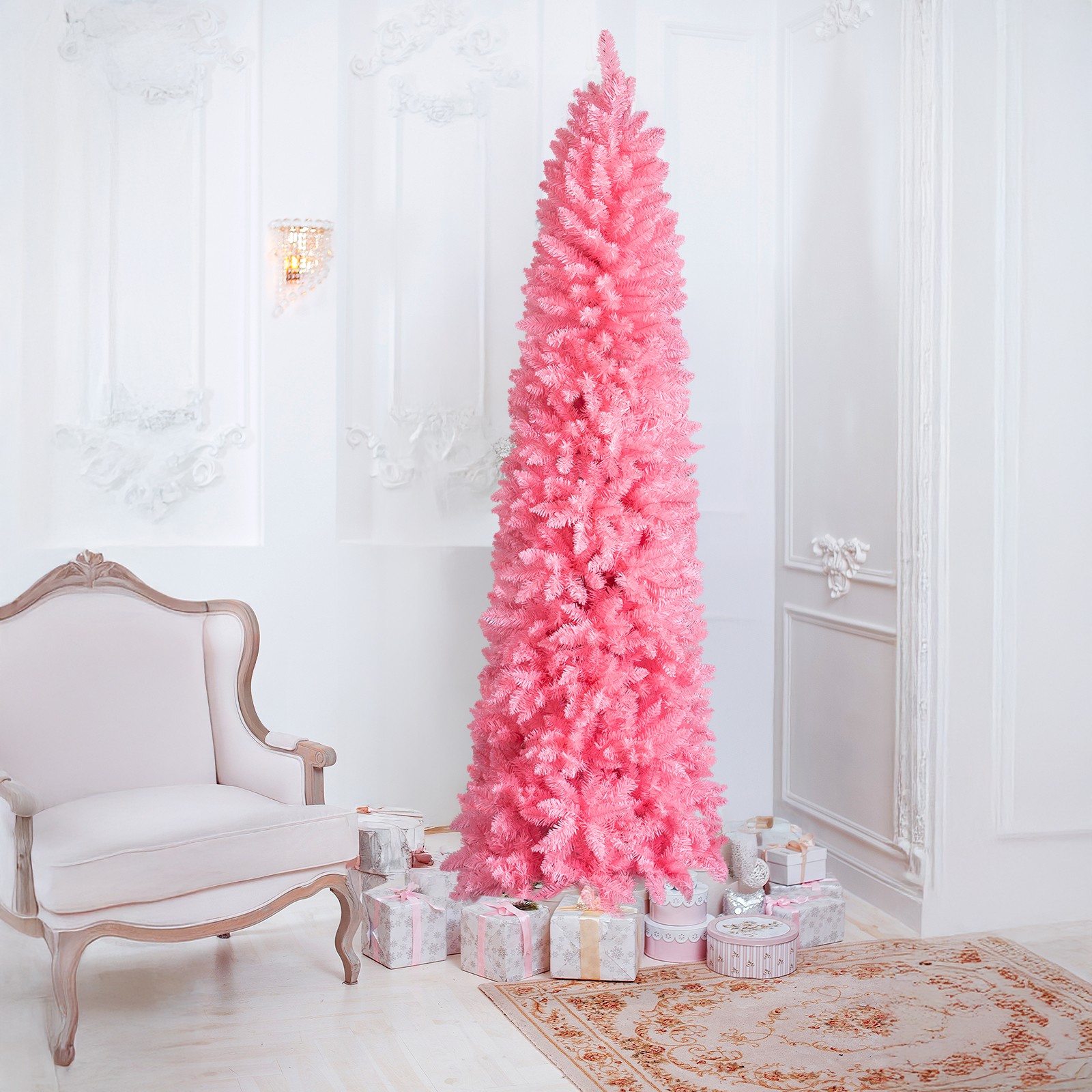 7.5 FT Hinged Christmas Tree, Artificial Pencil Christmas Tree, Unlit Artificial