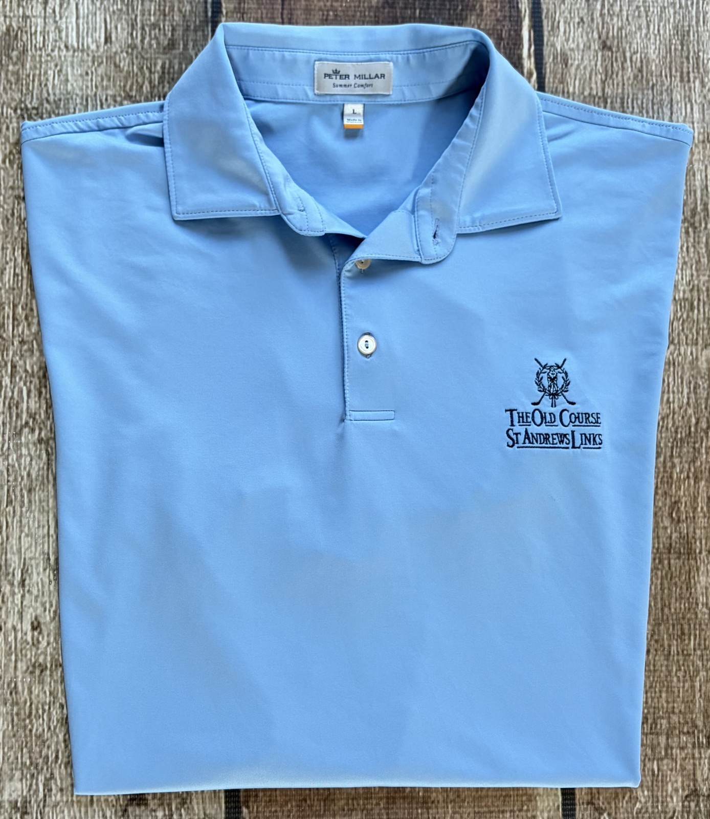 PETER MILLAR SUMMER COMFORT OLD COURSE ST. ANDREWS LINKS POLO BLUE MENS LARGE