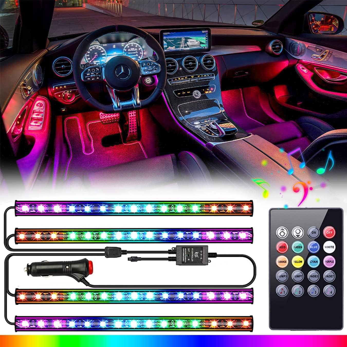 Car Interior LED Lights 4PCS RGB Strip Lights Music Sync Kit