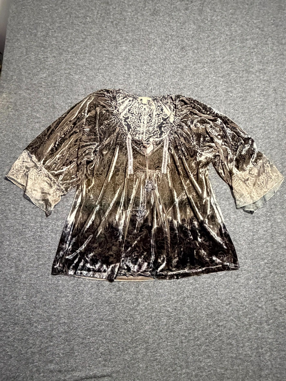 Energe World Wear Velvet Peasant Blouse Top Womens XL Brown Paisley Floral Print
