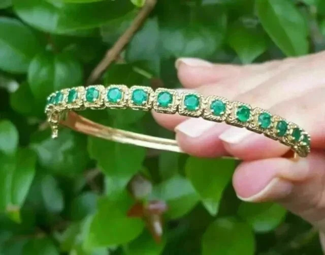 Natural Emerald 4.00Ct Round Cut Bangle Tennis Bracelet 14K Yellow Gold Plated