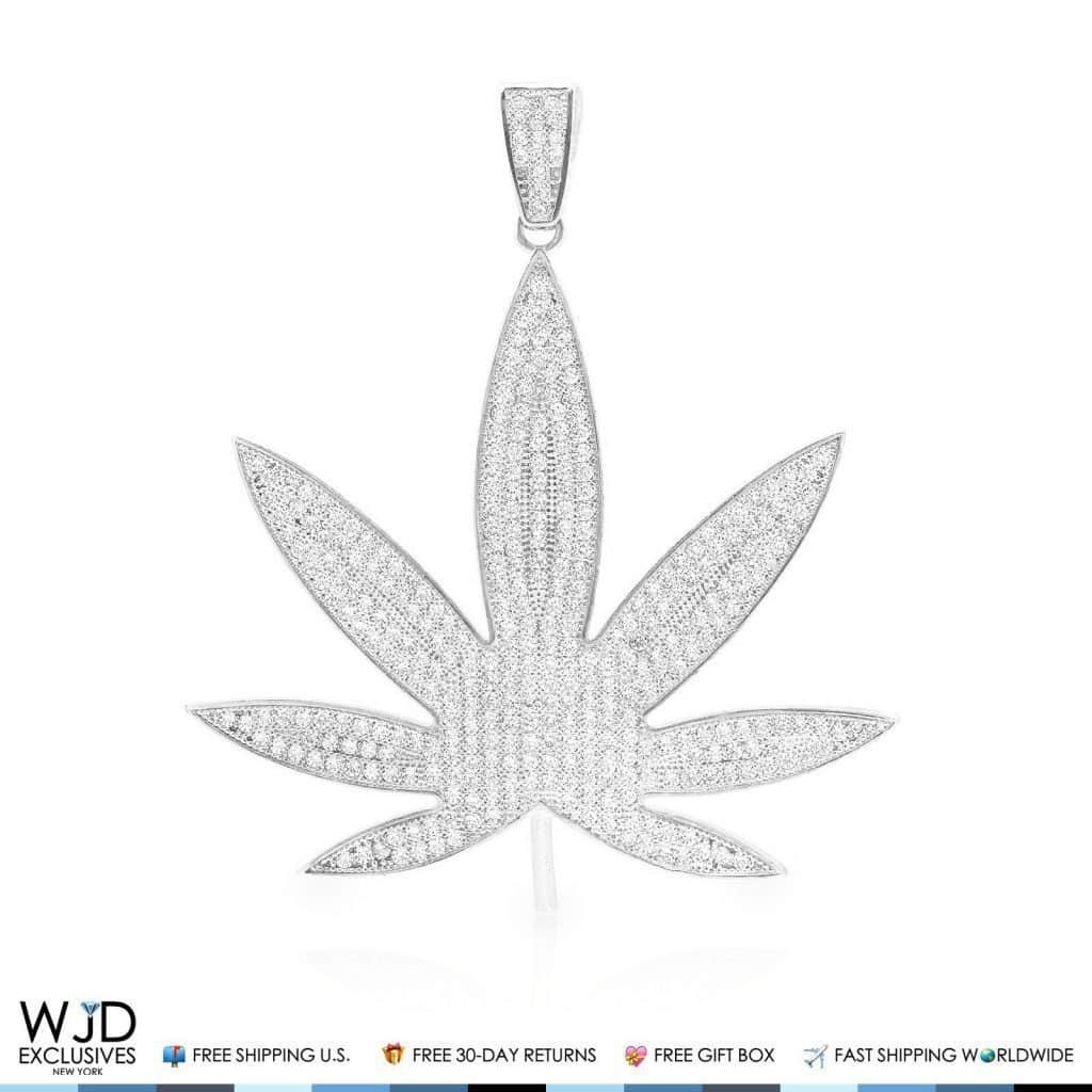 14K White Gold 3CTW CZ Marijuana Leaf Hemp Pendant 2.5\