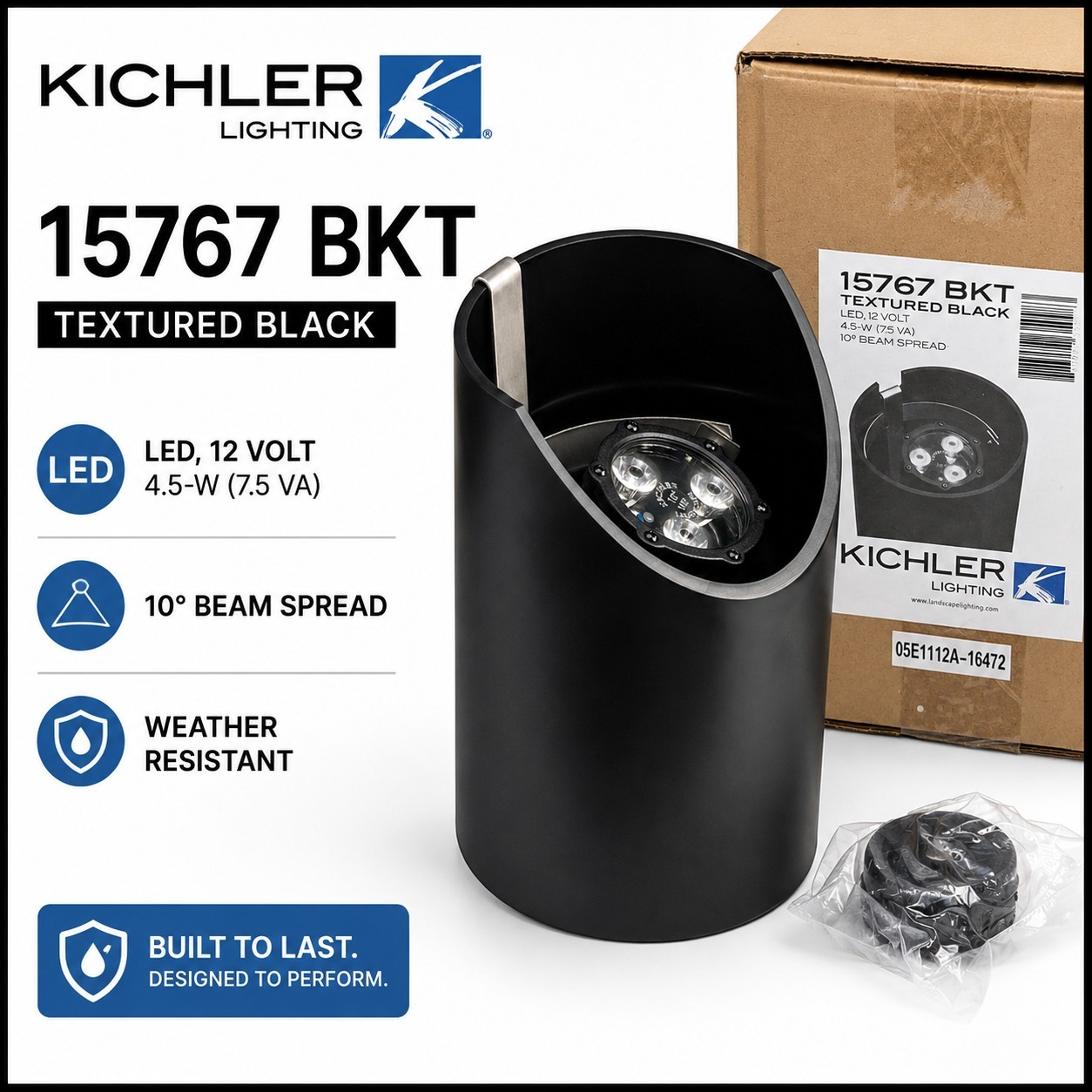 Kichler 15767BKT 4.5W 10°LED Well Light 12V Textured Blk Outdoor Landscape Light