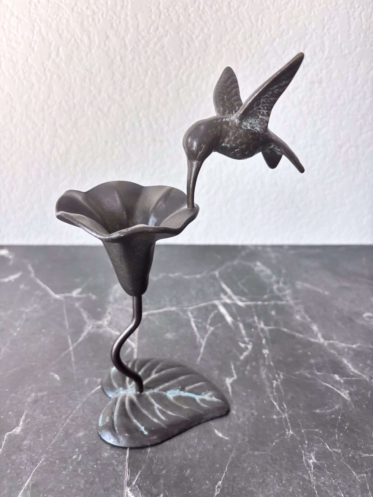 Vintage Bronze Hummingbird & Flower Sculpture 9” Removable New Concepts Taiwan